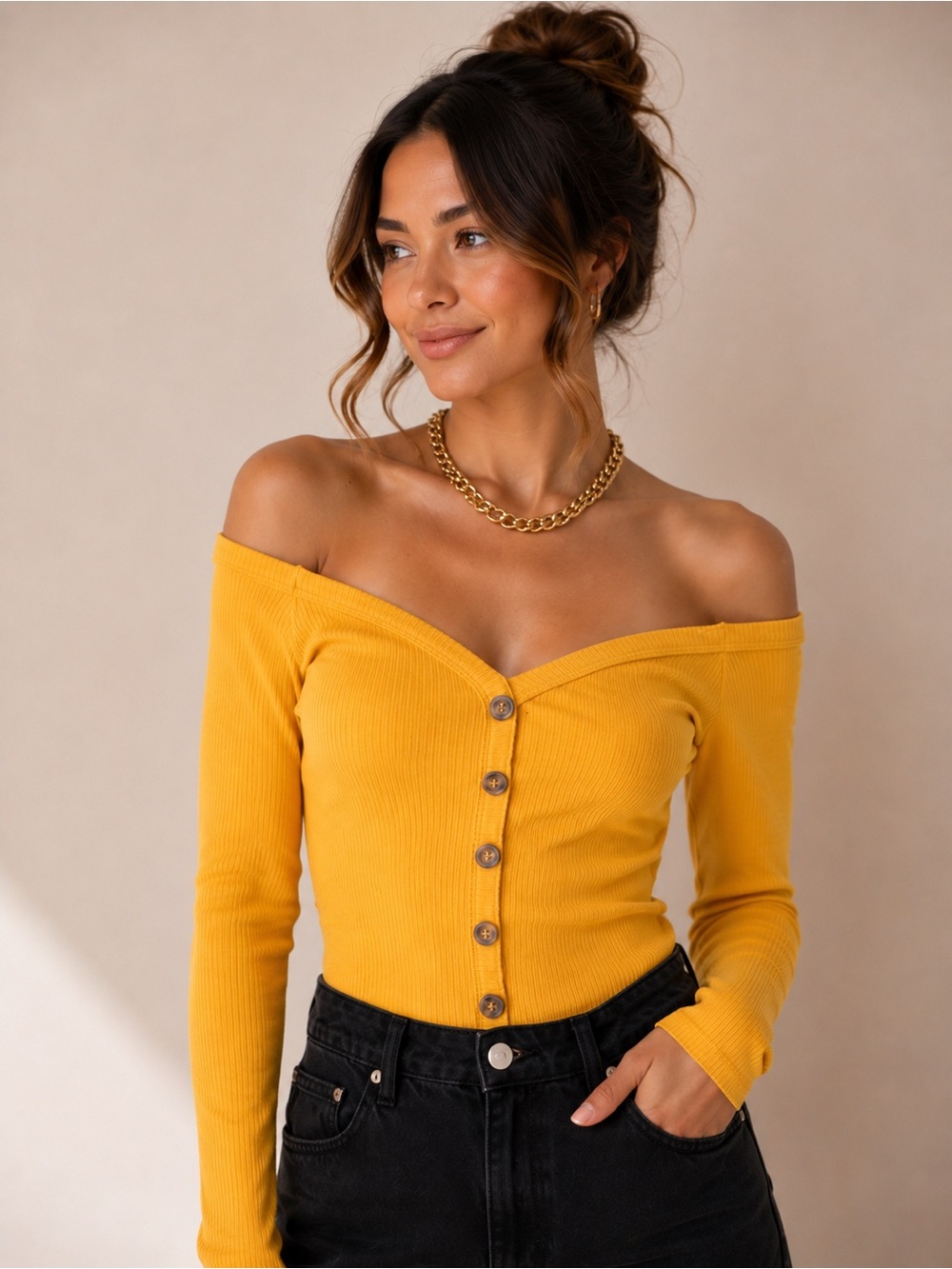 Iris Basic Mustard Yellow Off-Shoulder Button-Front Ribbed Top
